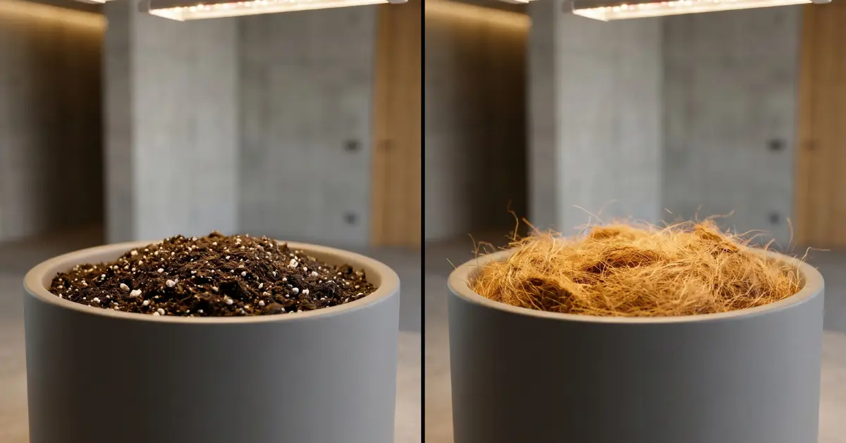 Comparativa visual en macetas modernas entre sustrato de tierra oscura y fibra de coco dorada para cultivo indoor.