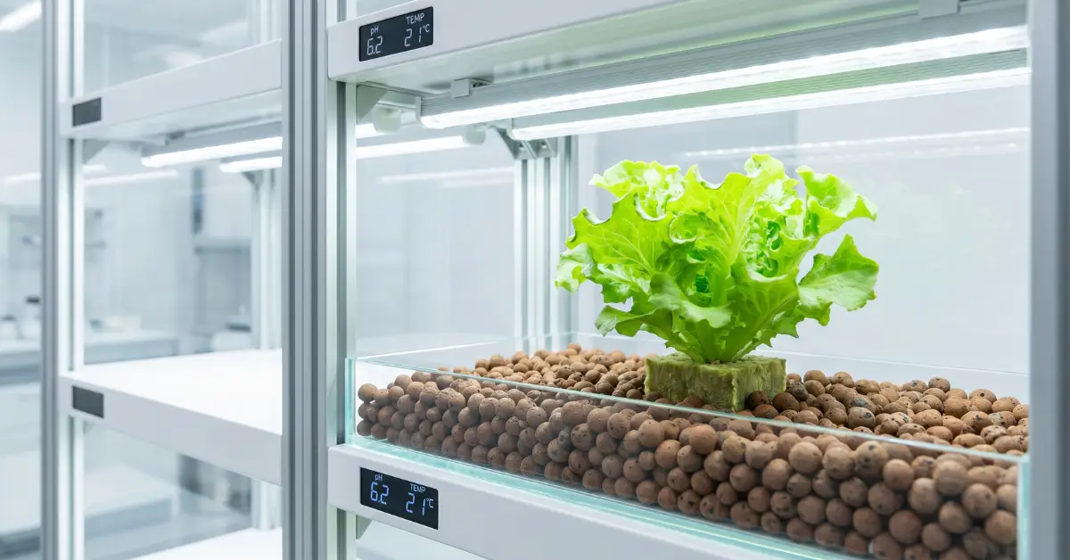 Planta sana en un cubo de lana de roca rodeado de bolas de arlita