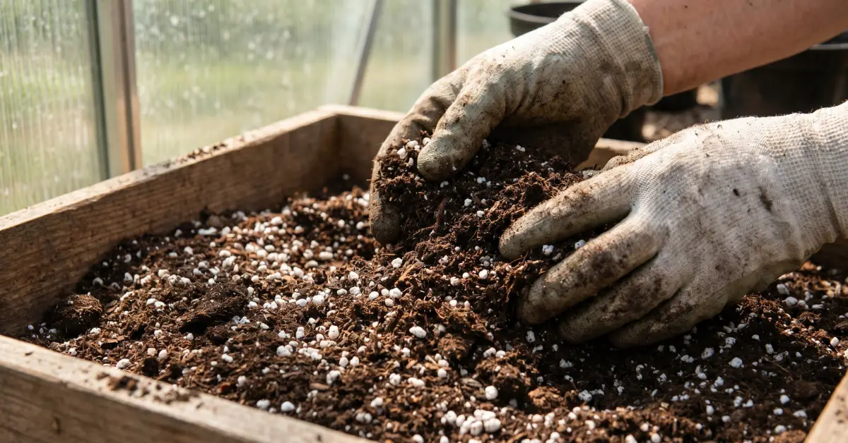 Manos de un cultivador mezclando tierra oscura con perlita blanca para mejorar el drenaje
