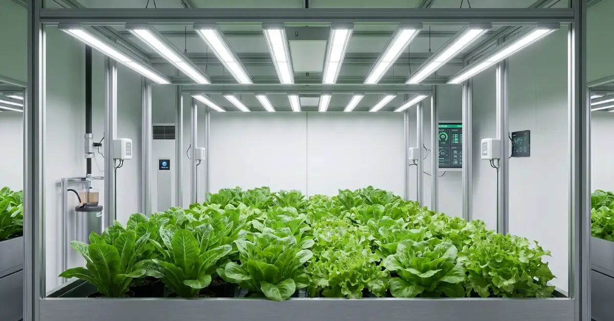 Armario de cultivo indoor moderno iluminado con barras de paneles LED de espectro completo de alta eficiencia.