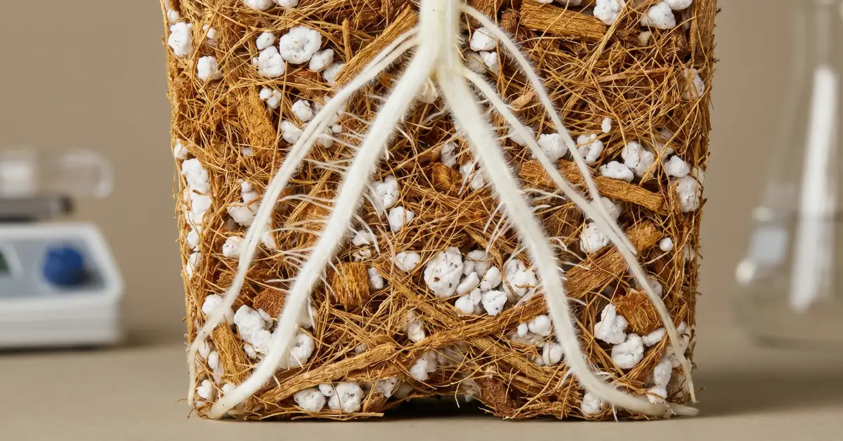 Raíces gruesas y sanas en una mezcla de fibra de coco y perlita