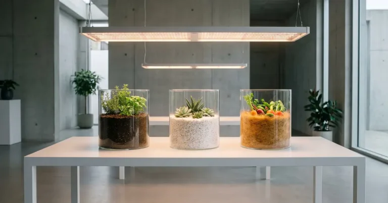 Comparativa visual de tres sustratos diferentes en recipientes de cristal: tierra oscura, perlita blanca y fibra de coco dorada.