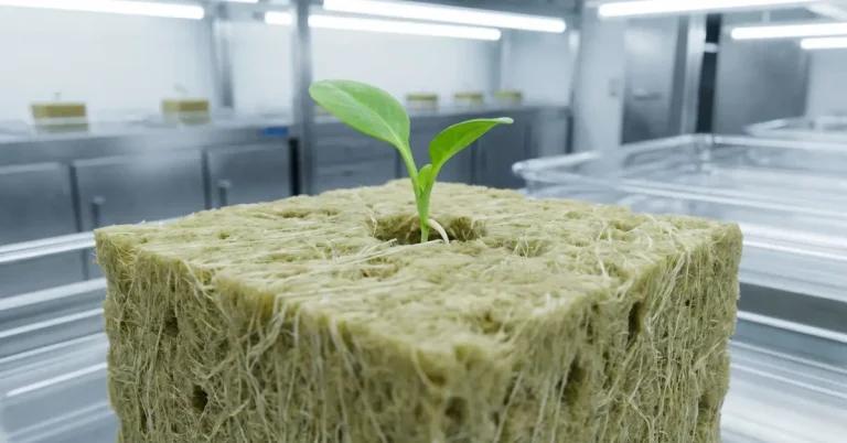 Pequeña planta creciendo sana desde el interior de un cubo de lana de roca en un sistema hidropónico.