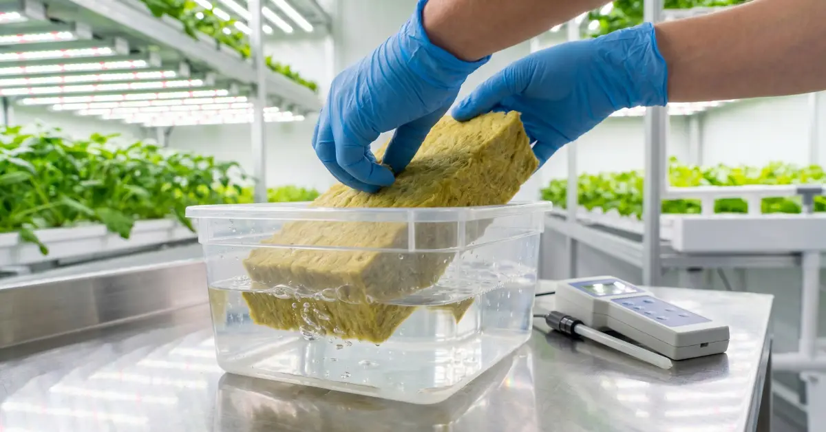 Cultivador sumergiendo un bloque de lana de roca en agua con el pH ajustado