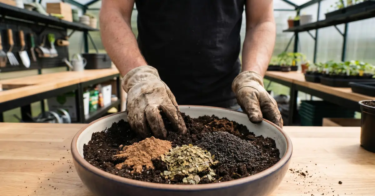 Cultivador preparando receta de super soil casero mezclando enmiendas orgánicas secas