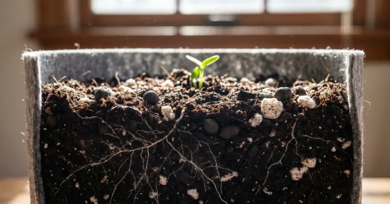 Maceta de tela con sustrato orgánico tipo suelo vivo (super soil) rico en micorrizas y humus de lombriz.