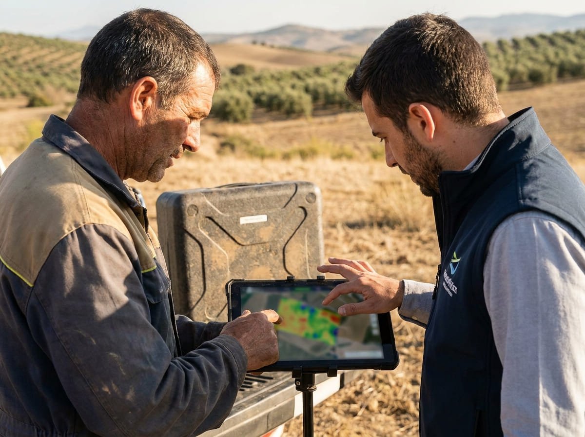 Agricultor y piloto de dron revisando la planificación de una parcela en una tablet