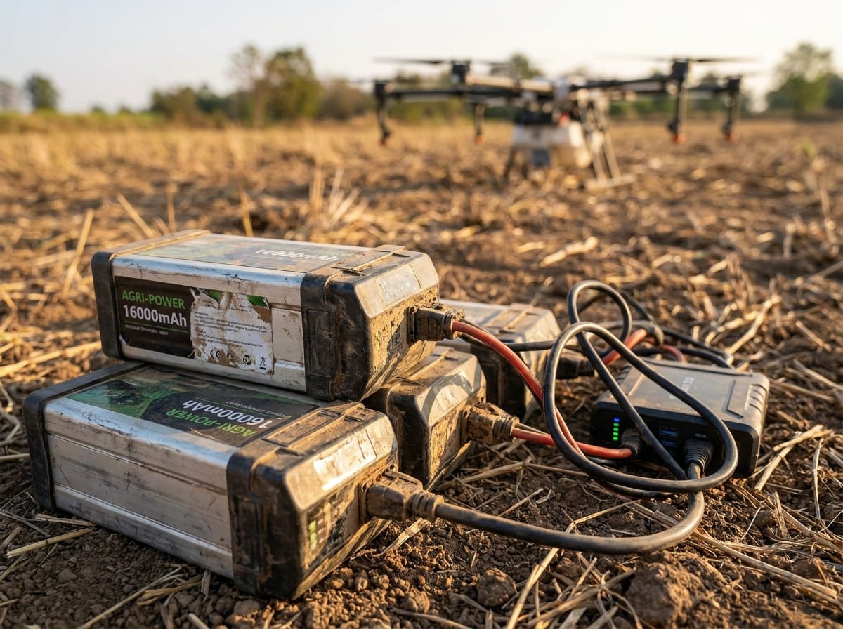 Baterías profesionales y sistema de carga junto a un dron agrícola durante una jornada de trabajo