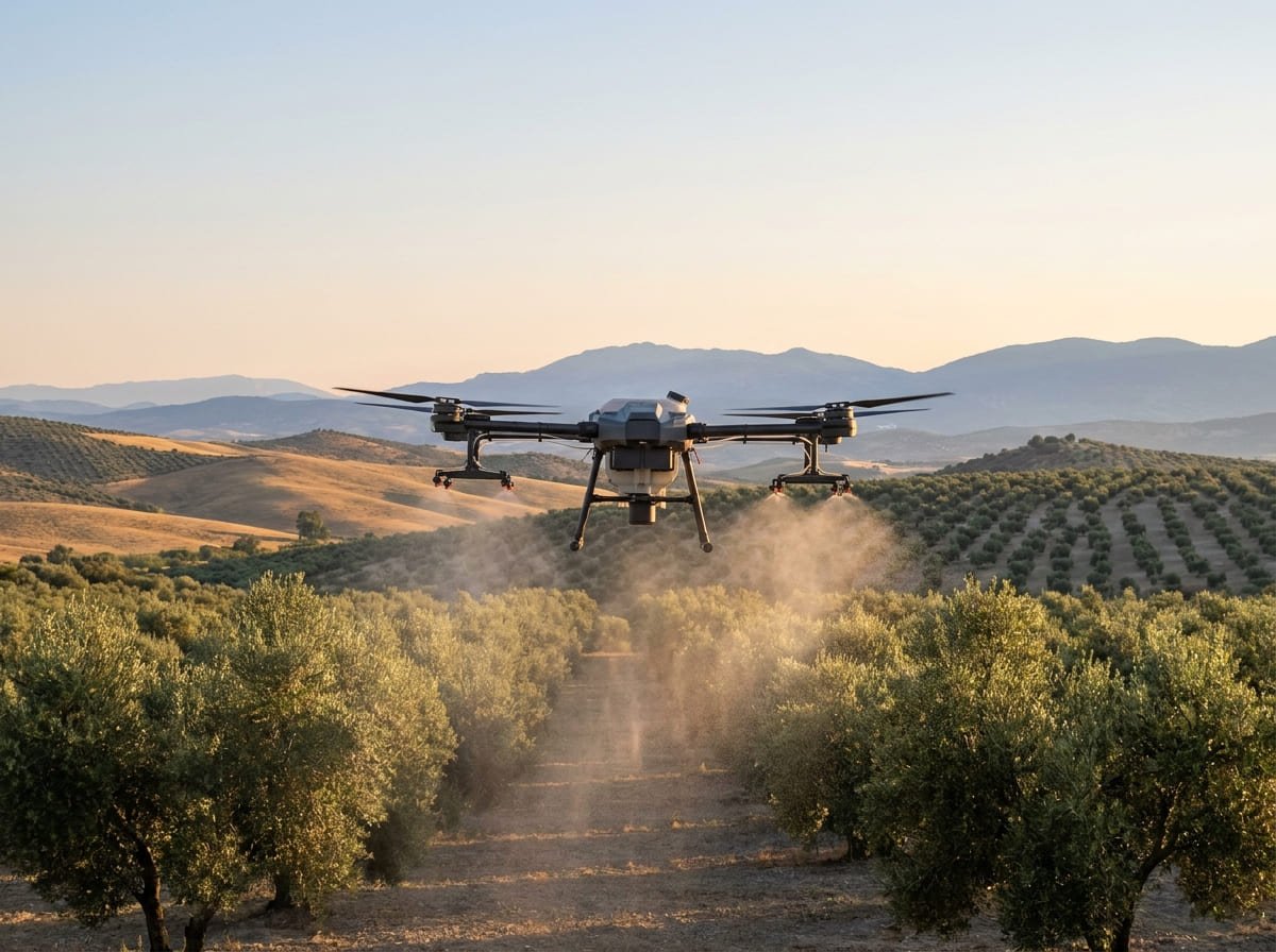 Dron agrícola profesional volando sobre un olivar andaluz durante un tratamiento de precisión