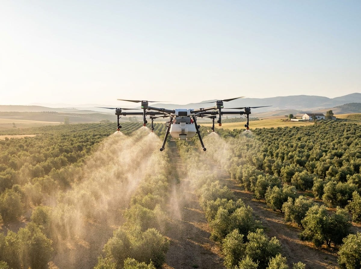 Dron agrícola pulverizando a baja altura sobre un cultivo extensivo en Andalucía