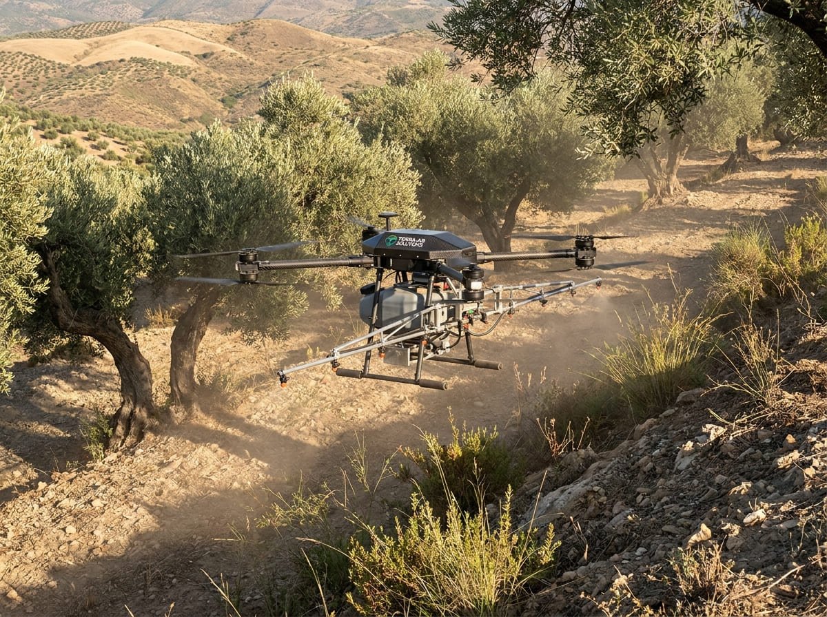 Dron agrícola realizando una aplicación de precisión sobre olivar andaluz con terreno irregular