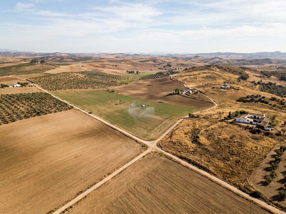 Dron agrícola trabajando sobre una parcela amplia para ilustrar productividad y coste por hectárea