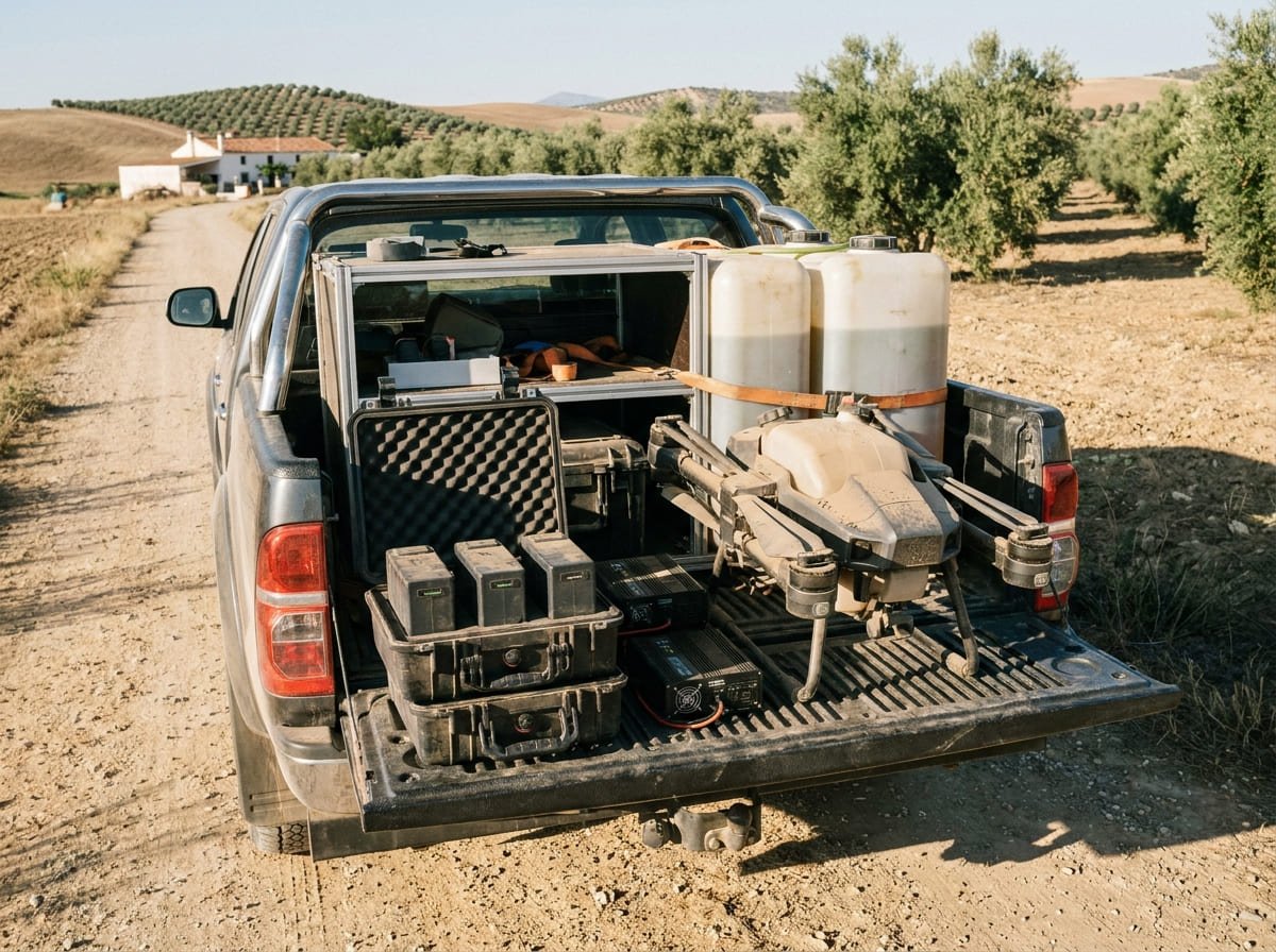 Equipo logístico preparado junto a un dron agrícola antes de una jornada de trabajo
