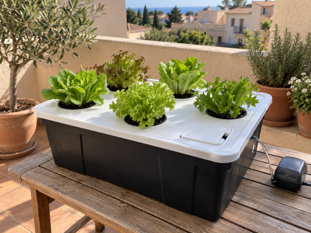 Lechugas creciendo en un sistema hidropónico doméstico sobre una terraza
