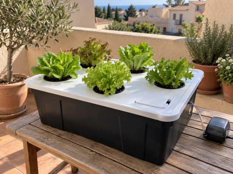 Sistema hidropónico doméstico con lechugas verdes creciendo en un depósito opaco