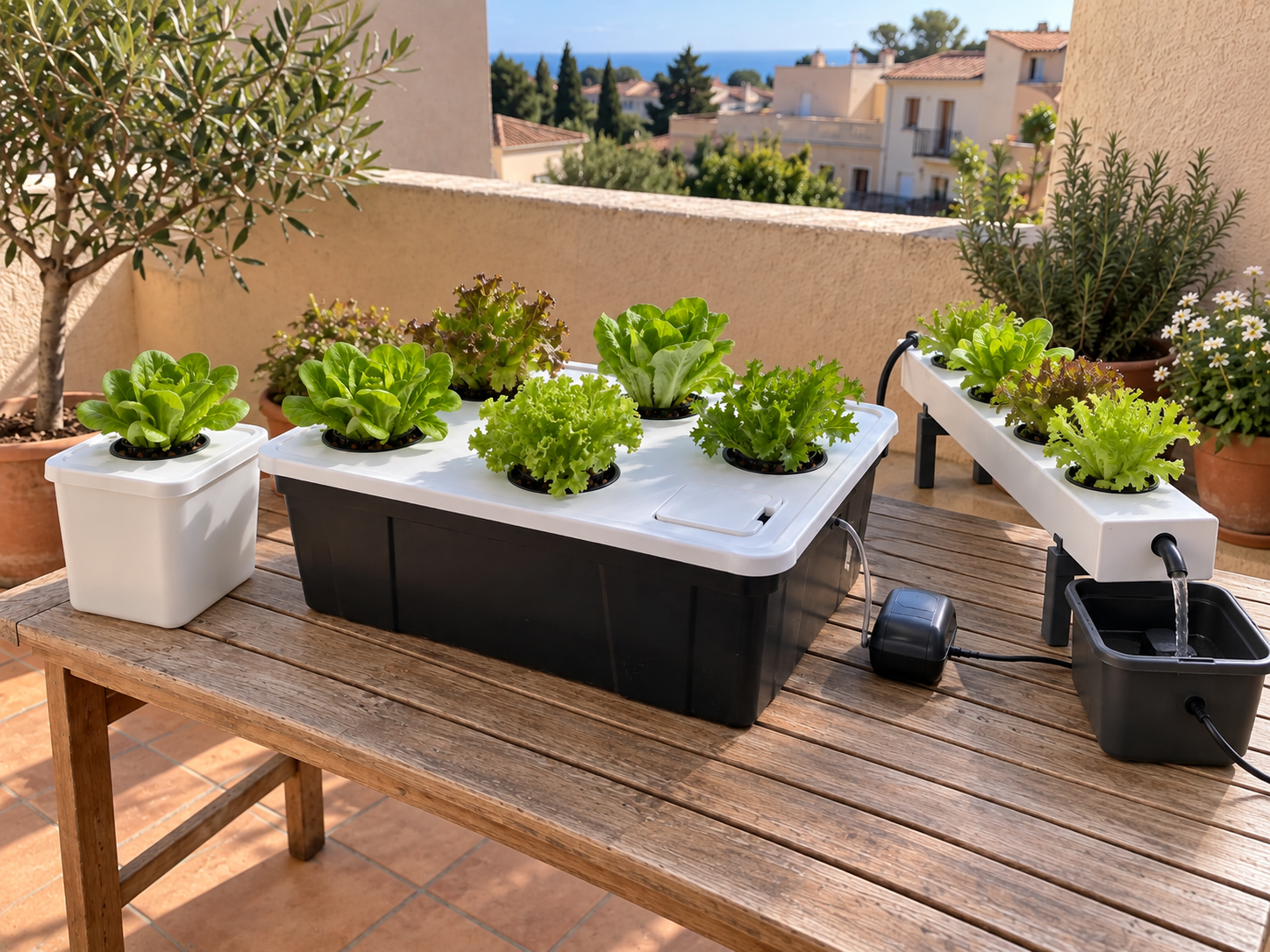 Comparación visual de sistemas Kratky, DWC y NFT para cultivar lechugas hidropónicas