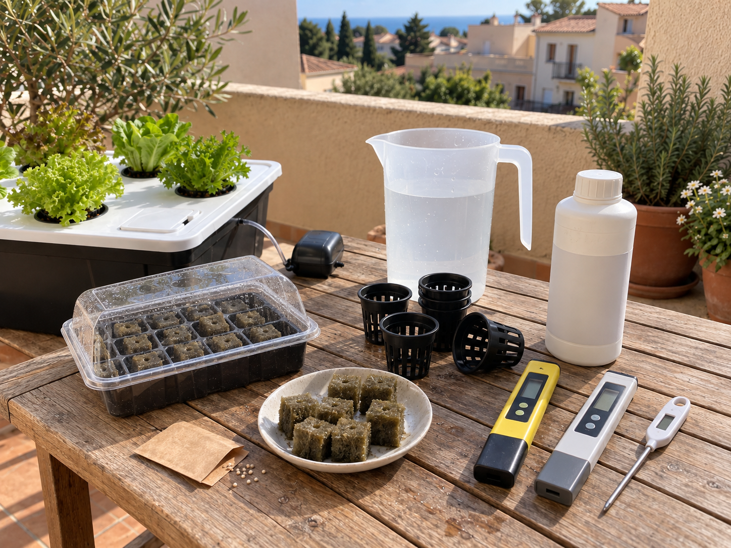 Semillas, bandeja de germinación, macetas de rejilla y medidores para cultivar lechuga hidropónica