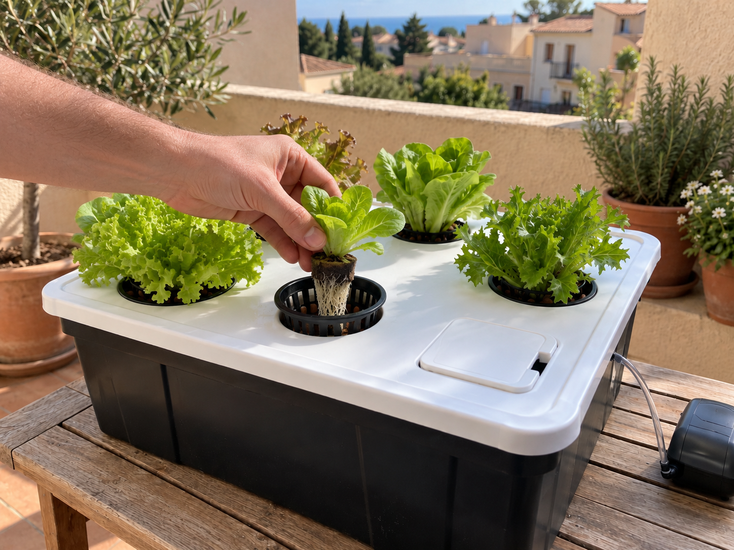 Mano trasplantando una plántula de lechuga con raíces a una maceta de rejilla