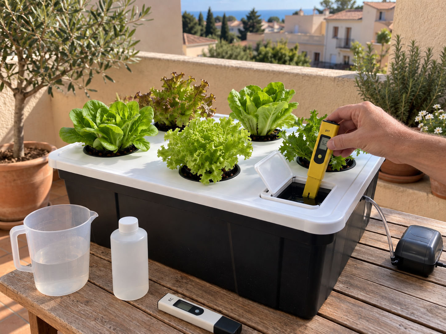 Medición del pH de la solución nutritiva en un sistema hidropónico doméstico de lechugas
