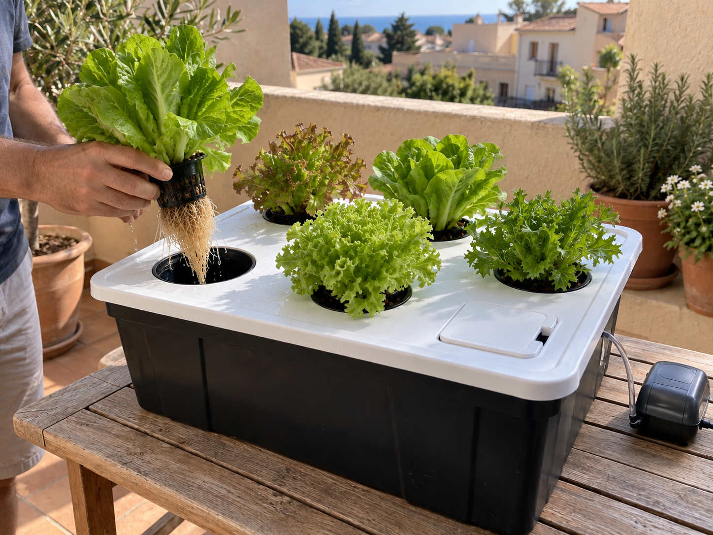 Cosecha de una lechuga hidropónica adulta cultivada en un sistema doméstico