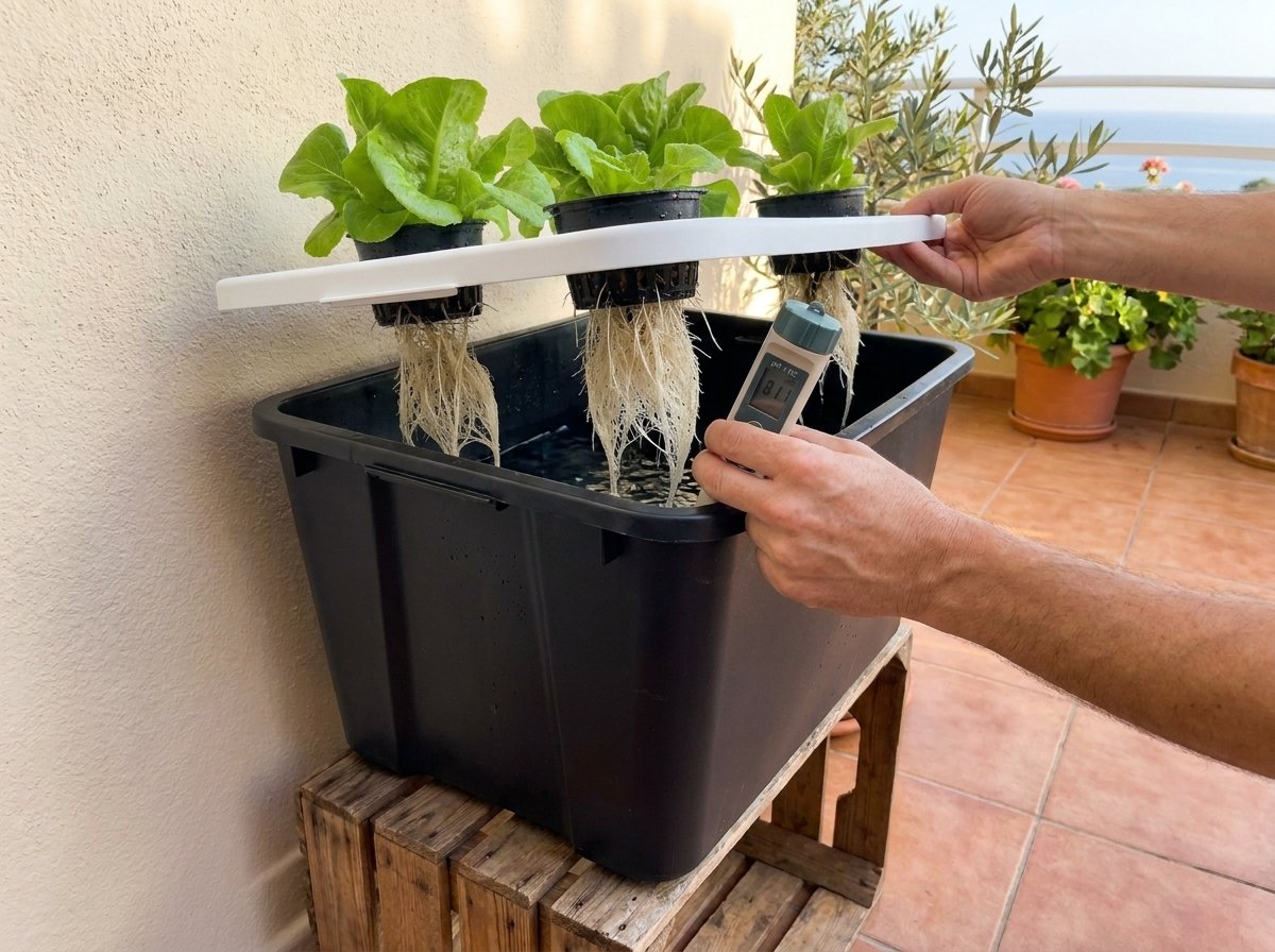 Revisión de raíces y nivel de solución nutritiva en un sistema Kratky con lechuga
