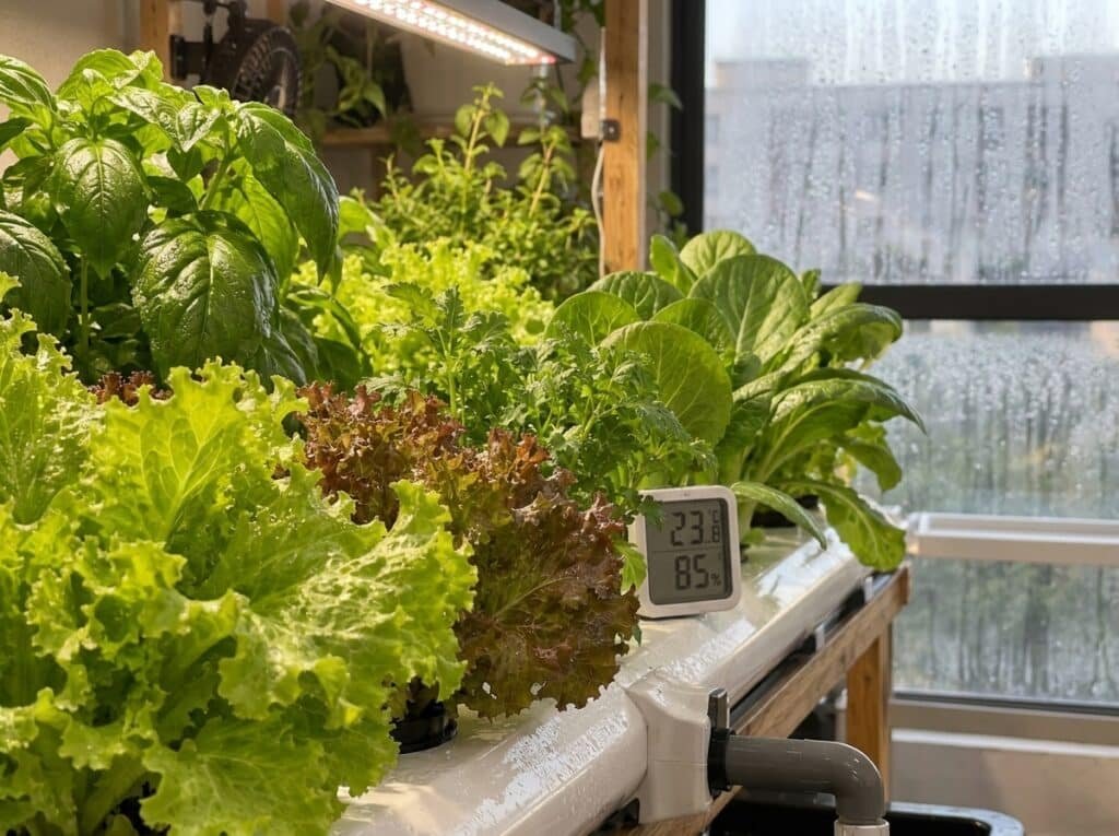 Primer plano de plantas en cultivo interior para evaluar temperatura y humedad