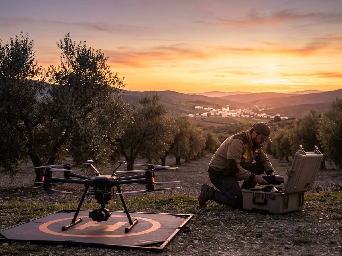 Dron agrícola aterrizado junto a un olivar andaluz al terminar una jornada de trabajo