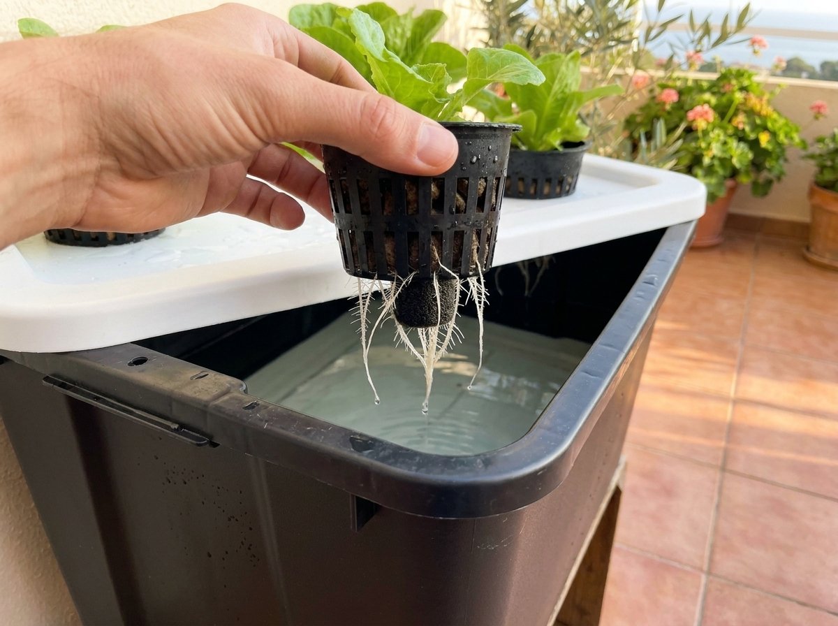 Comprobación del nivel inicial de solución nutritiva en un sistema Kratky con raíces jóvenes