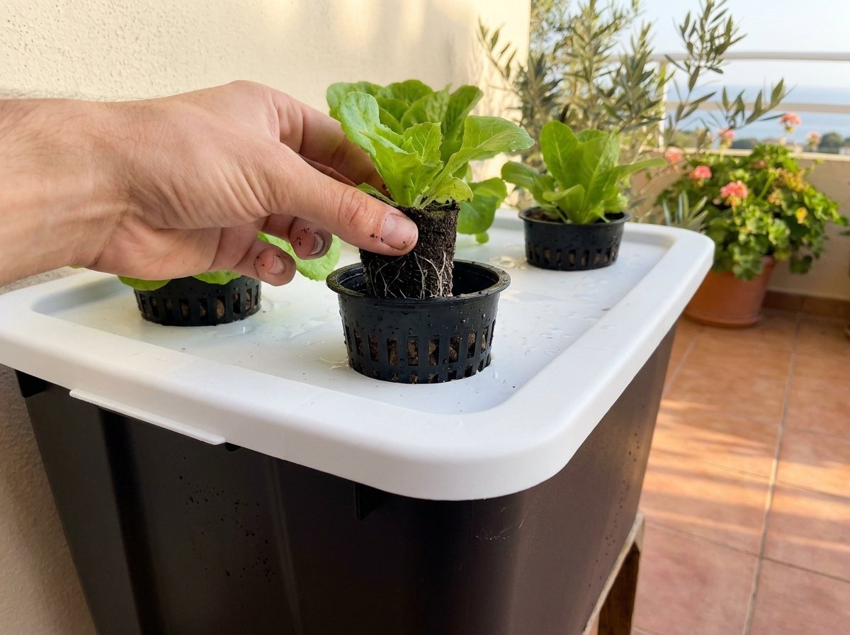 Mano colocando una plántula de lechuga con raíces en una maceta de rejilla para cultivo Kratky
