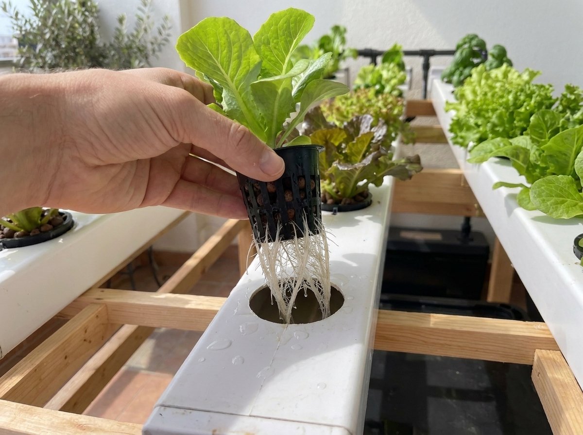 Mano trasplantando una plántula de lechuga con raíces a una maceta de rejilla en un canal NFT