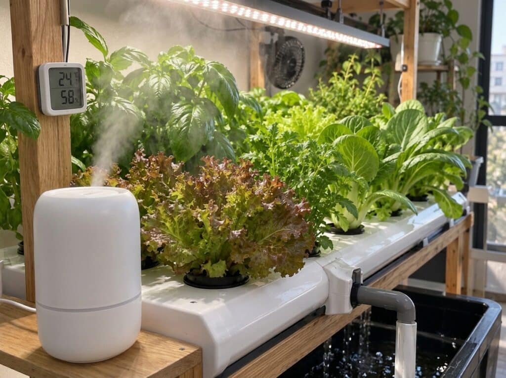 Humidificador colocado a distancia de las plantas para aumentar la humedad ambiental