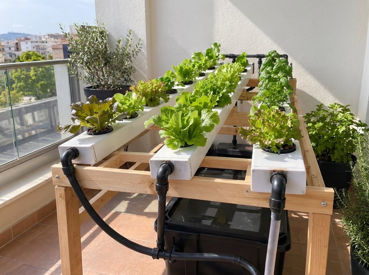 Lechugas creciendo en varios canales de un sistema hidropónico NFT doméstico
