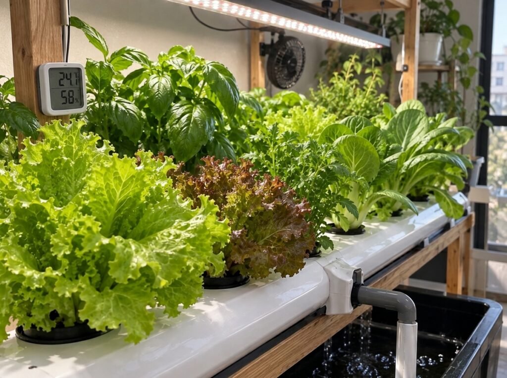 Lechugas en cultivo interior bajo iluminación LED y control ambiental