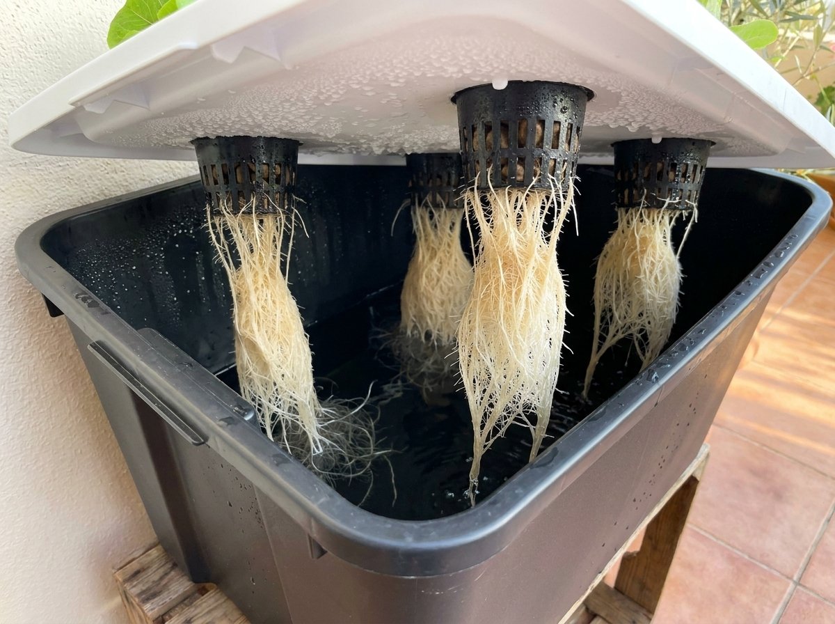 Interior de un sistema Kratky mostrando la cámara de aire y las raíces sobre el nivel de la solución