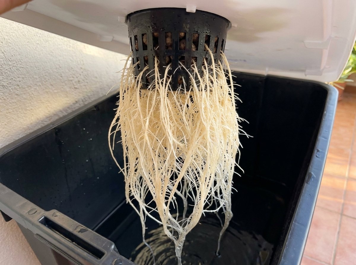 Raíces blancas y desarrolladas de una lechuga cultivada con el método Kratky
