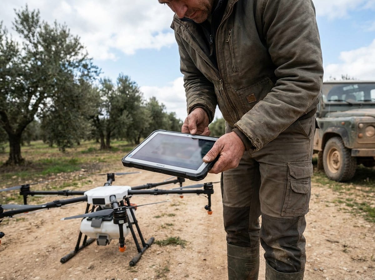 Operador profesional revisando un dron agrícola con una tablet antes de trabajar en una parcela
