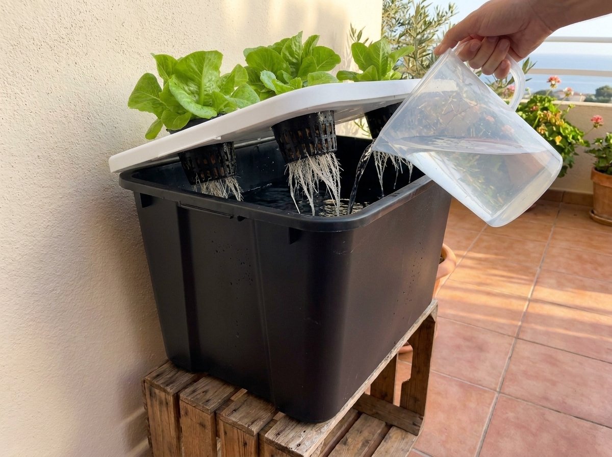 Persona añadiendo agua a un sistema Kratky avanzado y reduciendo demasiado la cámara de aire