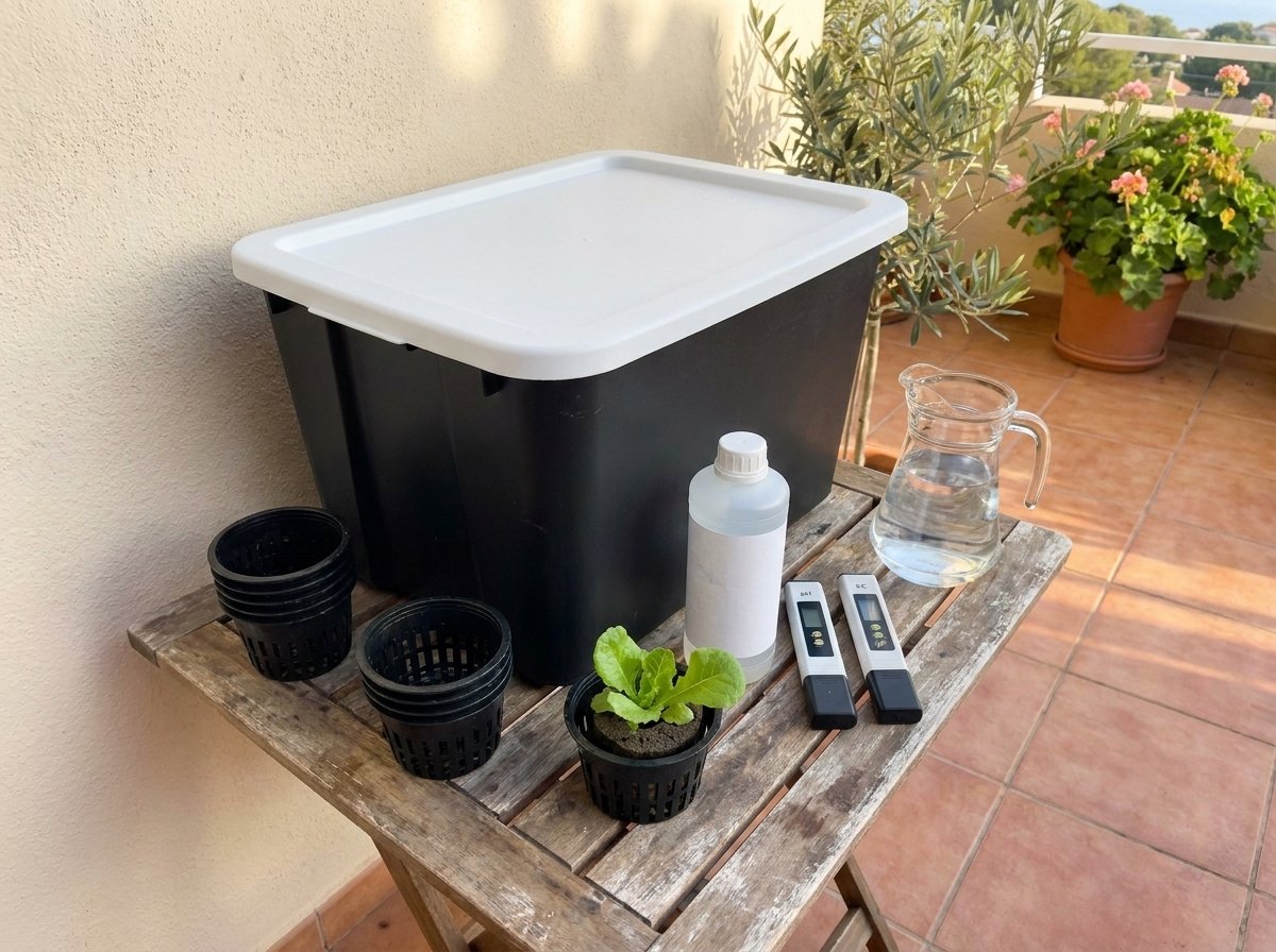 Recipiente opaco, macetas de rejilla, plántula, nutrientes y medidores para montar un sistema Kratky