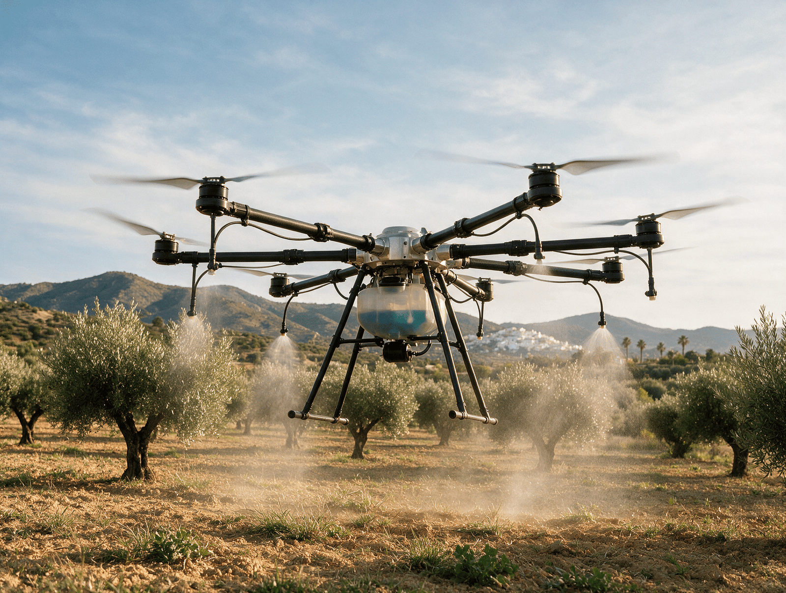 Dron agrícola pulverizando sobre un cultivo andaluz