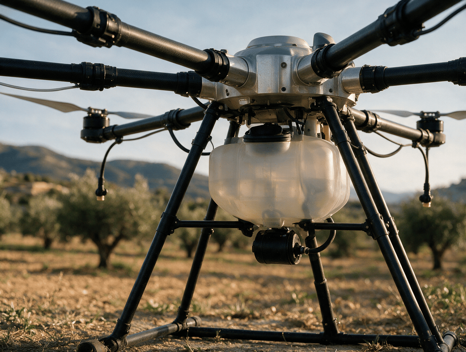 Detalle técnico de un dron agrícola de pulverización