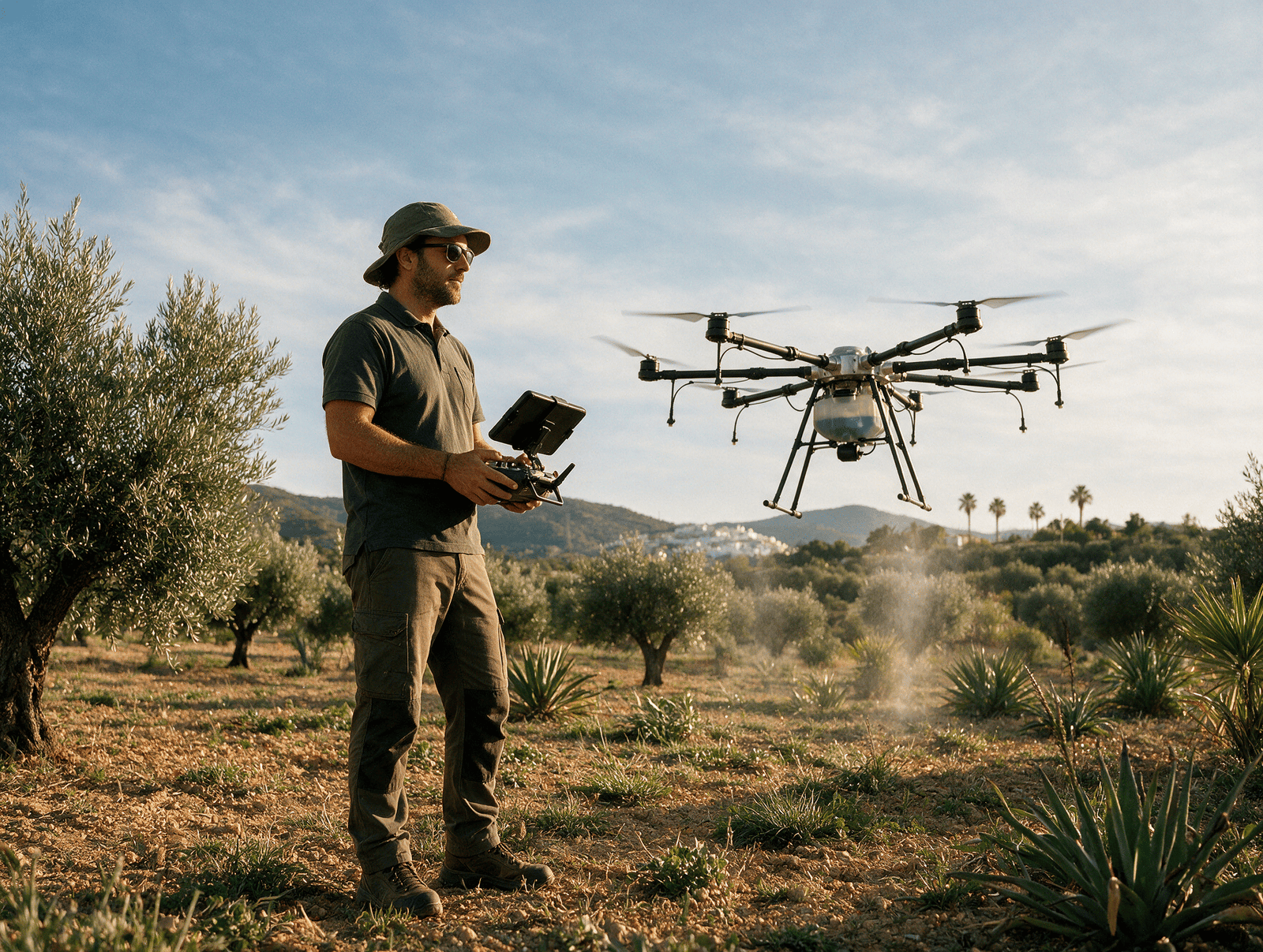 Operador controlando un dron agrícola con mando profesional en Andalucía