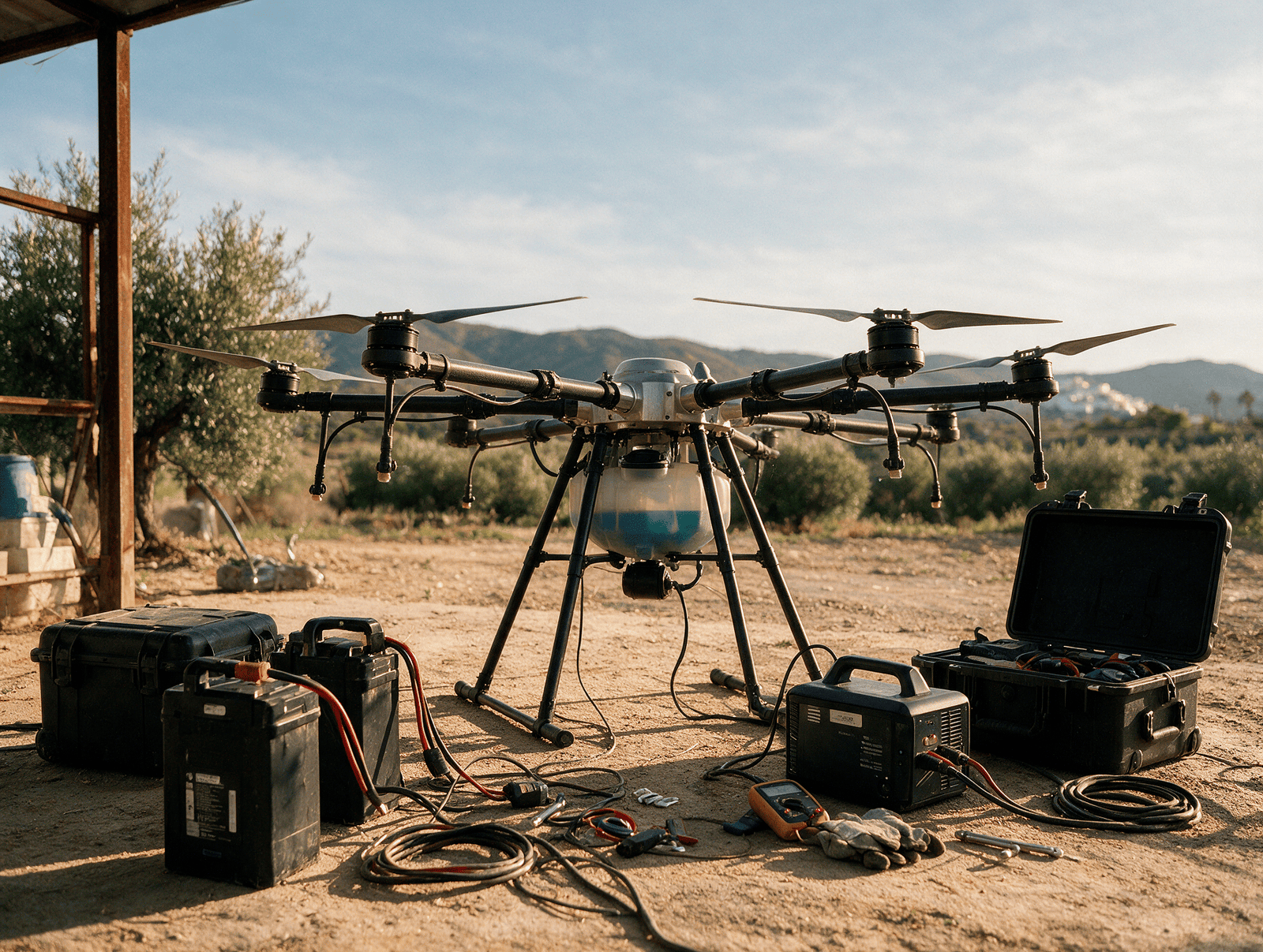 Baterías y equipo de carga de un dron agrícola