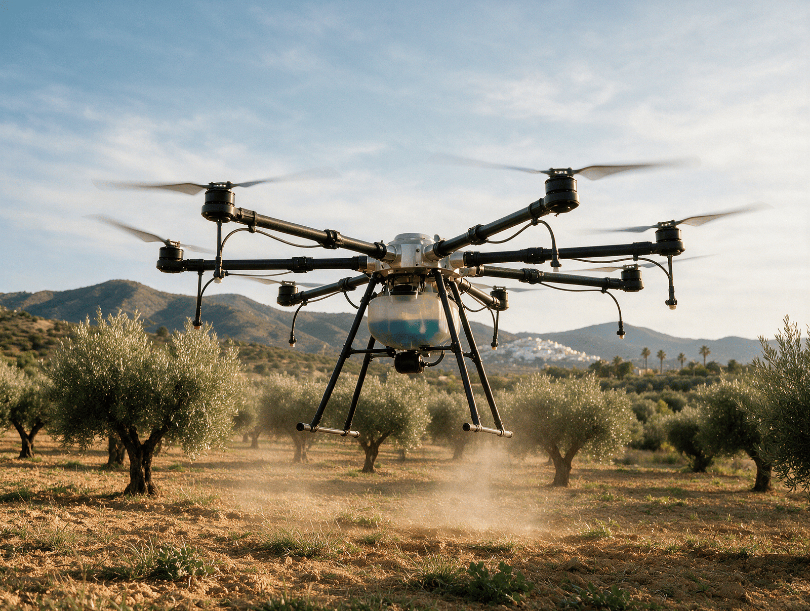 Dron agrícola sobre olivar andaluz
