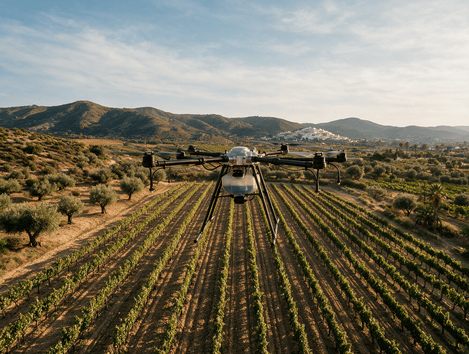 Dron de agricultura de precisión sobre un viñedo andaluz