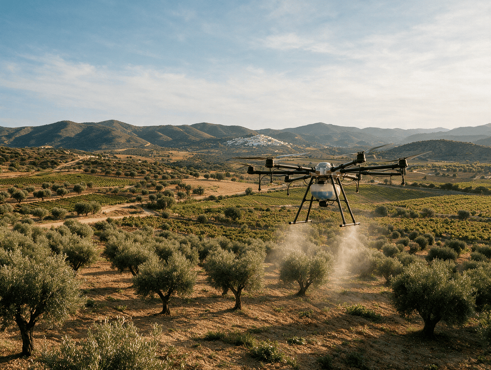 Agricultura de precisión y drones trabajando en campos de Andalucía