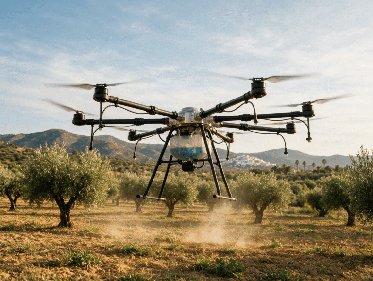 Dron agrícola profesional sobrevolando un cultivo en Andalucía