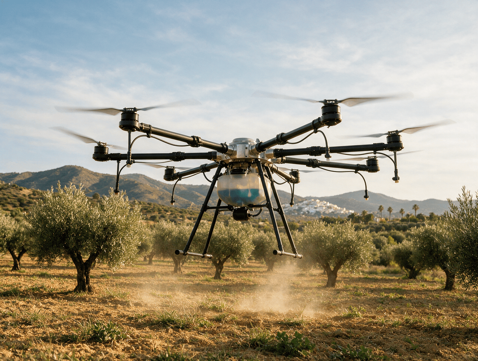 Dron agrícola profesional sobrevolando un cultivo en Andalucía