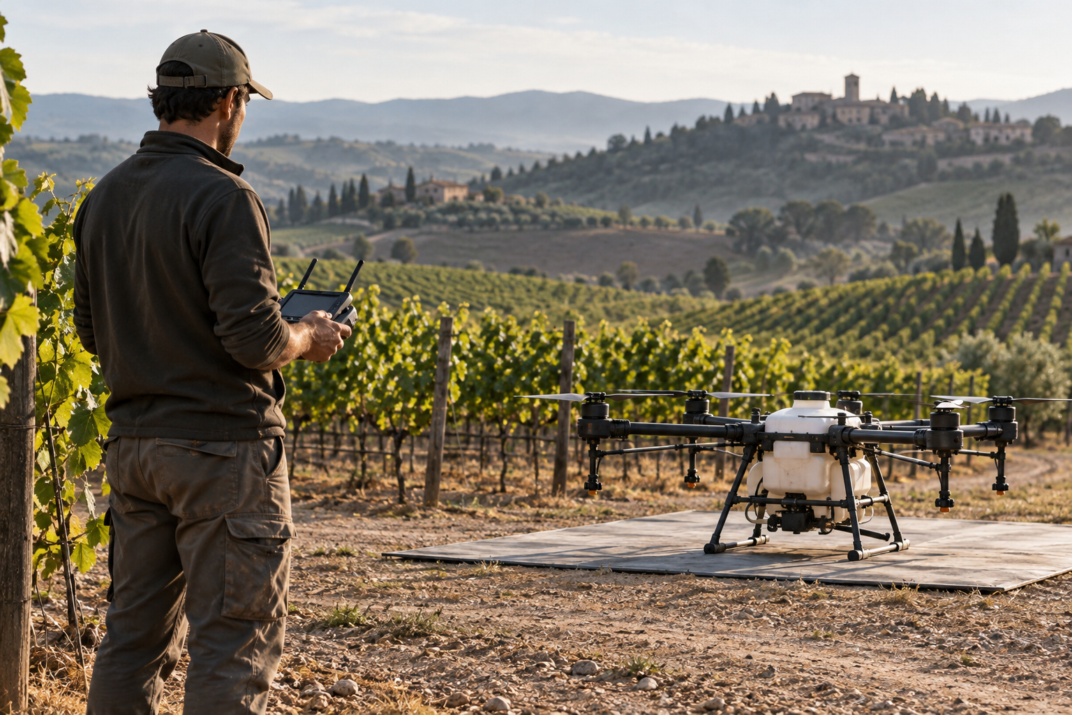 Operador con control remoto junto a un dron agrícola detenido en un viñedo.