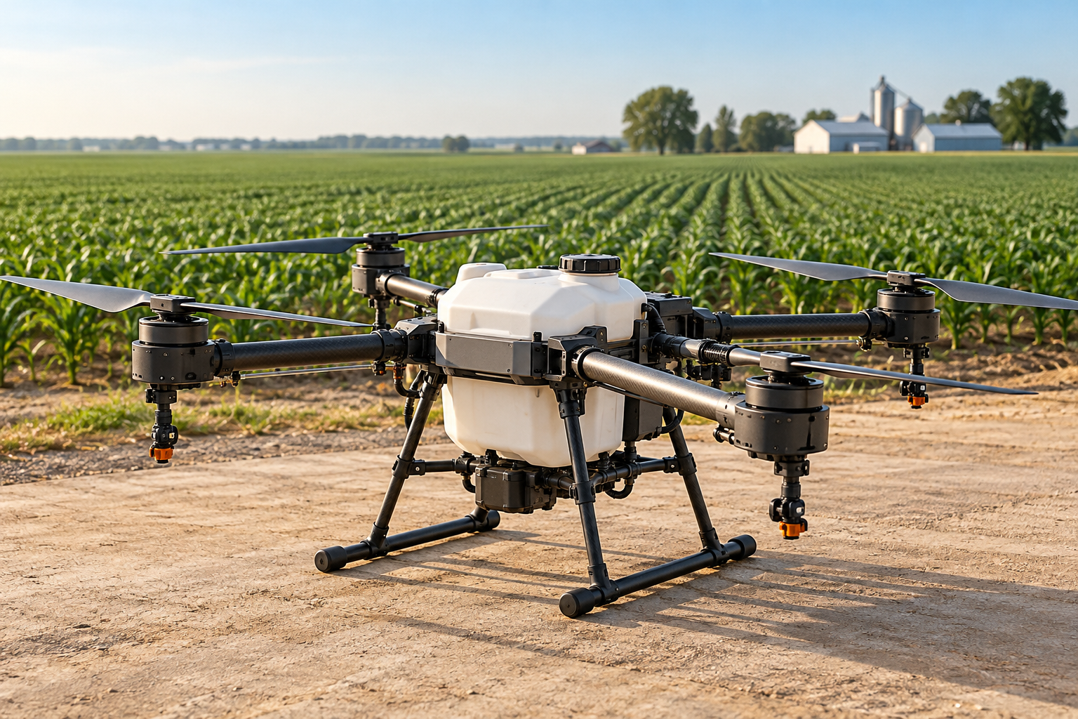 Dron agrícola con depósito de pulverización estacionado junto a un campo de cultivo en Estados Unidos.