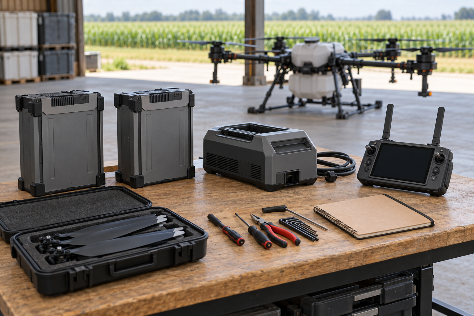 Baterías, cargador, control remoto y repuestos organizados junto a un dron agrícola.